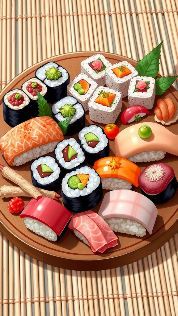 An arrangement of maki rolls, nigiri, and sashimi on a wooden board with garnishes, set on a bamboo mat.